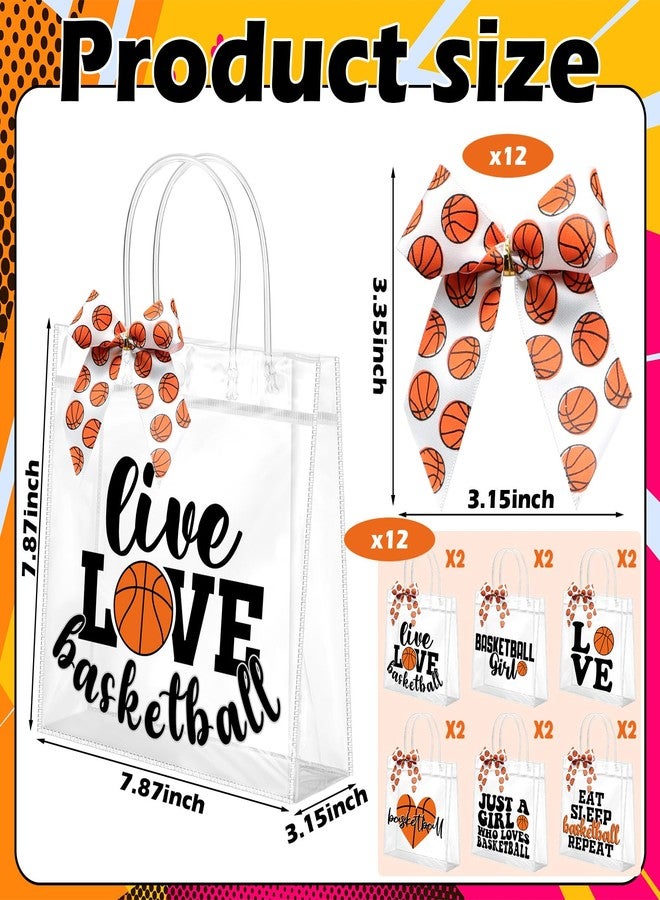 Vicenpal 12 Sets Clear Basketball Gift Bag with Handles 12 Pcs Bows PVC Plastic Basketball Treat Goodie Snack Bags 7.9 x 7.9 x 3.1'' Sport Theme Party Favors for Birthday Holiday Sports Team Gifts - Image 2